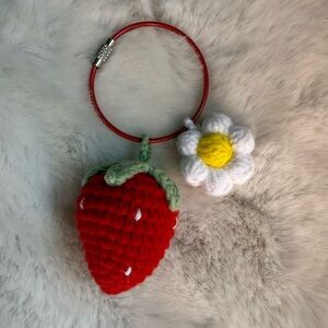 Crocheted Handmade Red Strawberry & White Daisy Keyring/Bag Charm